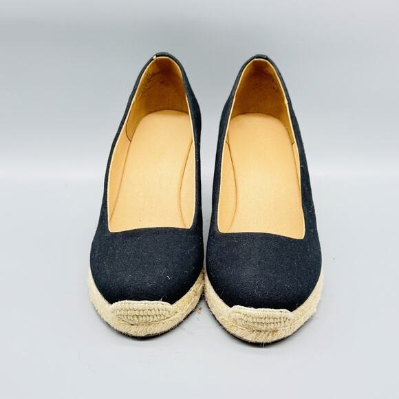 J Crew Shoes Womens 7 Black Espadrille Wedge Slip On Canvas Platform Summer NEW - Picture 2 of 11